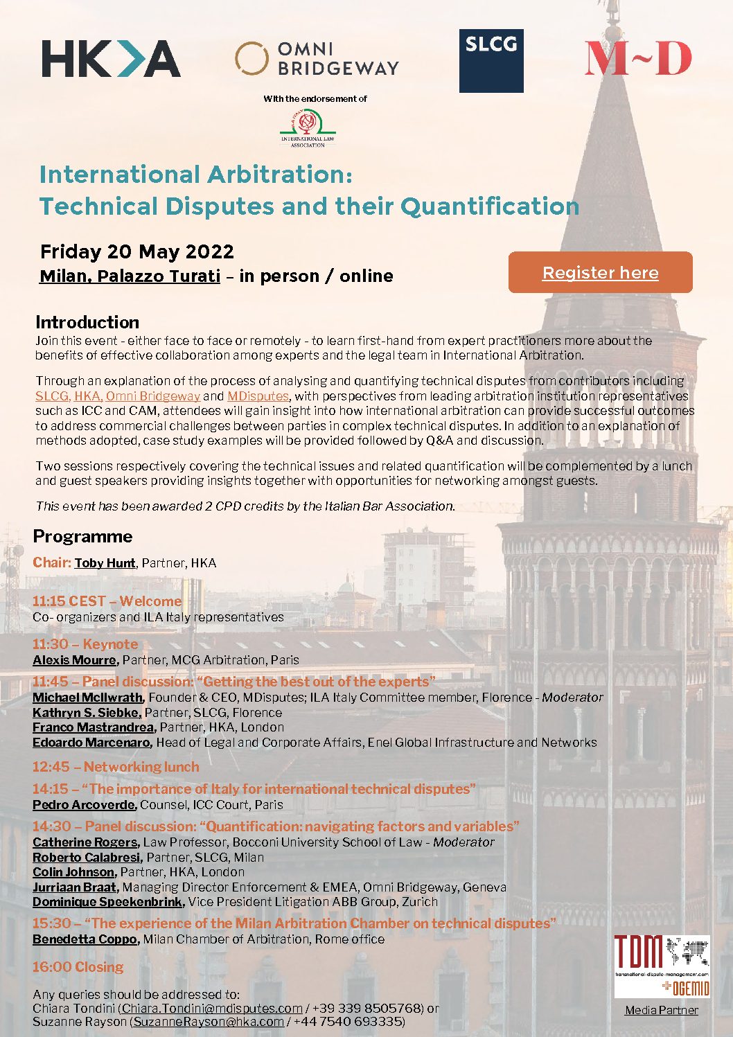 Join us for the conference "International arbitration: technical disputes and their quantification" - Milan and online, 20 May 2022